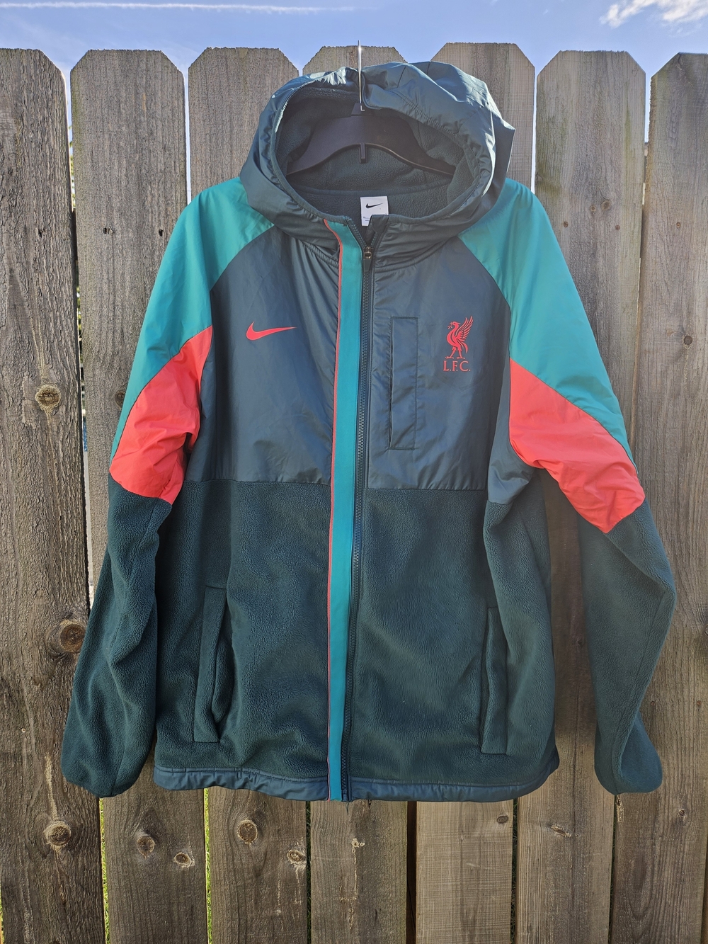 Nike Men's Liverpool Green Hooded Fleece Jacket with Teal and Coral Accents XL